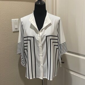 White & Black Geometric Button-Front Women's Top